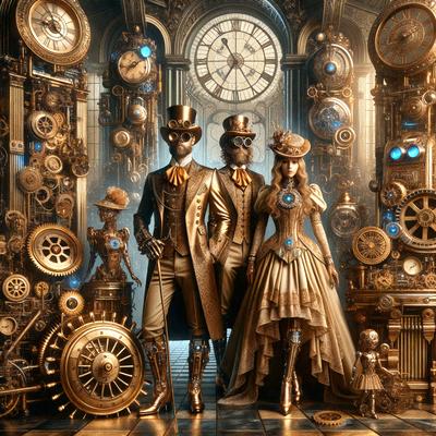 The primary subject of the image is a group of three people dressed in fancy clothes, standing in front of a large clock. The setting is a room with a clock on the wall, and the visual style appears to be a digital art or illustration. The colors and mood of the image are predominantly gold and elegant, creating a sophisticated and luxurious atmosphere.